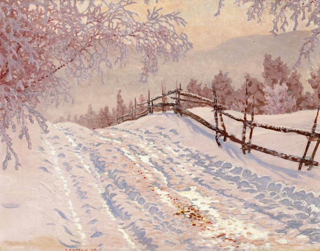 Strada innevata con recinto di Gustaf Fjæstad